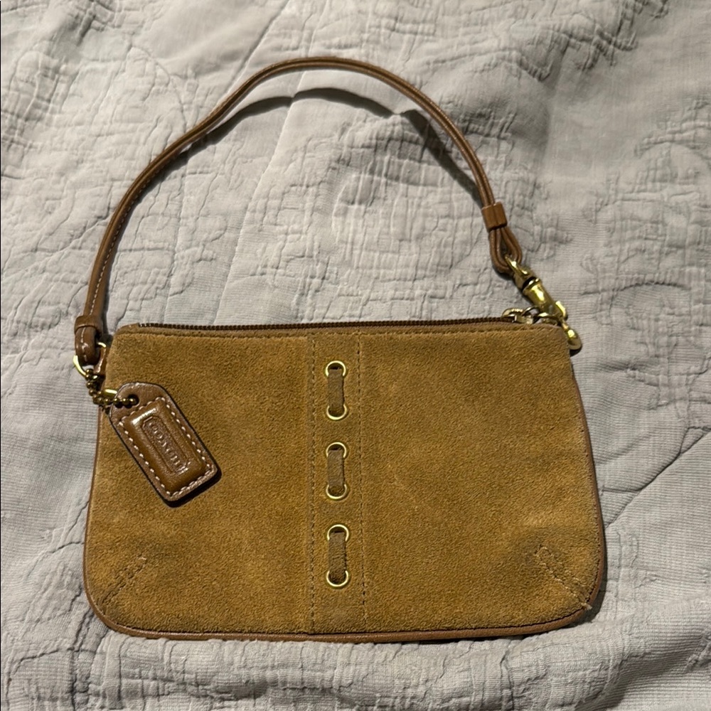 Coach Suede Wristlet Clutch in Saddle Brown